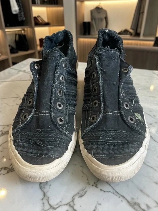 Frayed Black Slip-On Women's Sneakers with White Sole - Picture 1 of 6